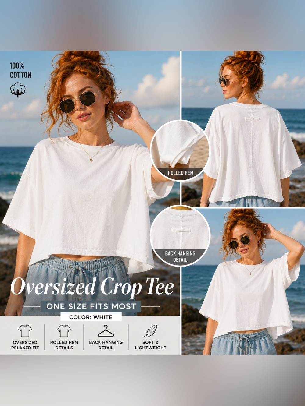 🆕 White Oversized Crop Tee One Size 100% Cotton Relaxed Summer Top 🔥